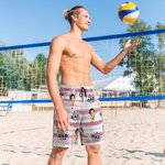 Personalized Face Photo Stripe Palm Leaf Quick Dry Swim Trunks with Mesh Brief Hawaii Party Beach Essential Holiday Gift for Dad Grandpa Men