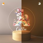 Luce notturna a LED personalizzata con arcobaleno unicorno e nome con base in legno per cameretta arredamento regalo di compleanno per bambini