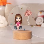 Personalized Cartoon Character Birth Flower Acrylic LED Night Light with Wooden Base Home Decor Gift for Boys Girls