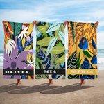 Serviette de plage tropicale vibe personnalisée avec nom et motif de fleur - Cadeau d'été de vacances pour femmes et filles
