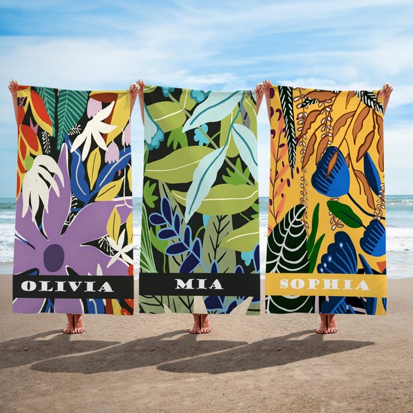 Personalized Tropical Vibe Summer Floral Quick Dry Oversized Beach Towel with Name Summer Vacation Beach Party Birthday Gift for Women Girls