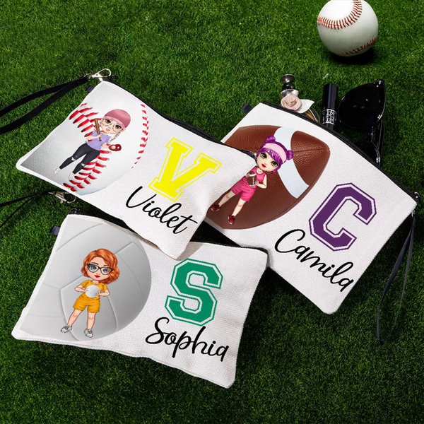 Gepersonaliseerde Balsporten Baseball Basketball Softball Make-up tas met naam en polsbandje Game Day Verjaardagscadeau voor vrouwen Balsporten liefhebbers