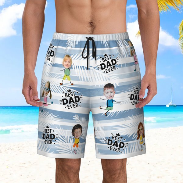 Gepersonaliseerde Face Photo Stripe Palm Leaf Quick Dry zwembroek met Mesh Brief Hawaii Party Beach Essentieel Vakantiecadeau voor Papa Opa Mannen