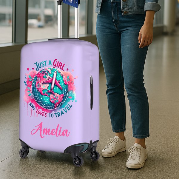 Spersonalizowany pokrowiec ochronny na bagaż Just A Girl Airplane Earth Pasuje do walizki 18-32 cali z imieniem Akcesoria podróżne Prezent urodzinowy dla dziewczynek