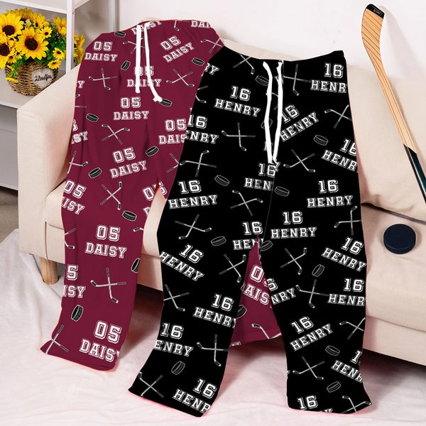 Personalised Multicolour Hockey Drawstring Waist Pyjama Pants with Name and Number Birthday Game Day Gift for Women Men Hockey Lovers