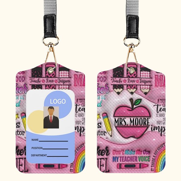 Personalised Apple Crayon Teacher PU Leather ID Badge Holder with Name and Lanyard Back to School Teacher's Day Appreciation Gift for Teacher