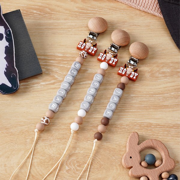Personalized Cute Western Cowboy Silicone Beaded Pacifier Clip Holder with Name Fits Most Pacifiers Teether Toy Baby Shower Gift for Newborn