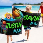 Toalla de playa personalizada con graffiti de baloncesto, de gran tamaño y secado rápido, con nombre y número Fiesta en la playa Día del partido Regalo de cumpleaños para un amante del baloncesto