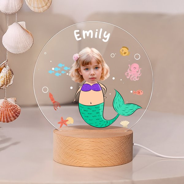 Personalized Face Photo Fantasy Mermaid LED Night Light with Name and Wooden Base Nursery Decor Birthday Gift for Girls