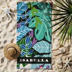 Serviette de plage tropicale vibe personnalisée avec nom et motif de fleur - Cadeau d'été de vacances pour femmes et filles