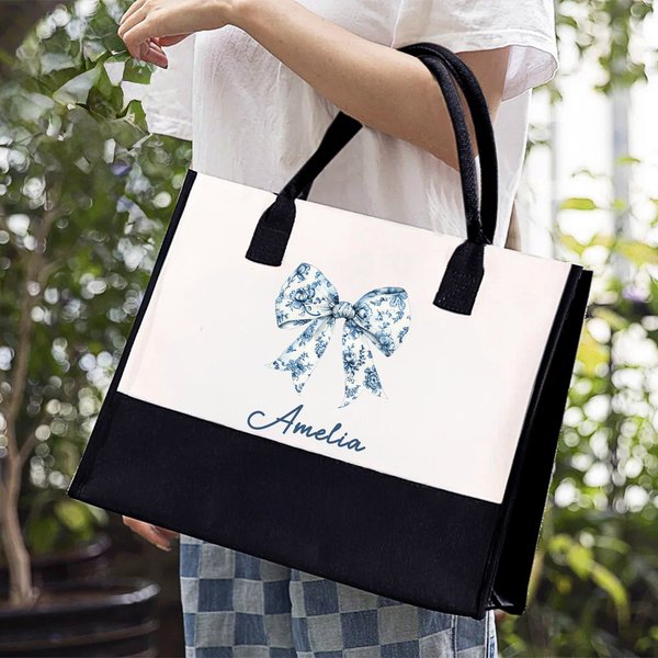 Personalizzato Toile De Jouy Blu Fiocco Nero e Bianco Impermeabile Grande Borsa Tote in Tela con Nome Compleanno Anniversario Regalo per Donne