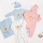 Personlig klassisk Winnie the Pooh 100% bomulls baby Romper Hat Teppe Antrekk med navn og gaveeske Baby Shower Gave til nyfødte nye foreldre