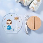 Personalized Cartoon Character Birth Flower Acrylic LED Night Light with Wooden Base Home Decor Gift for Boys Girls