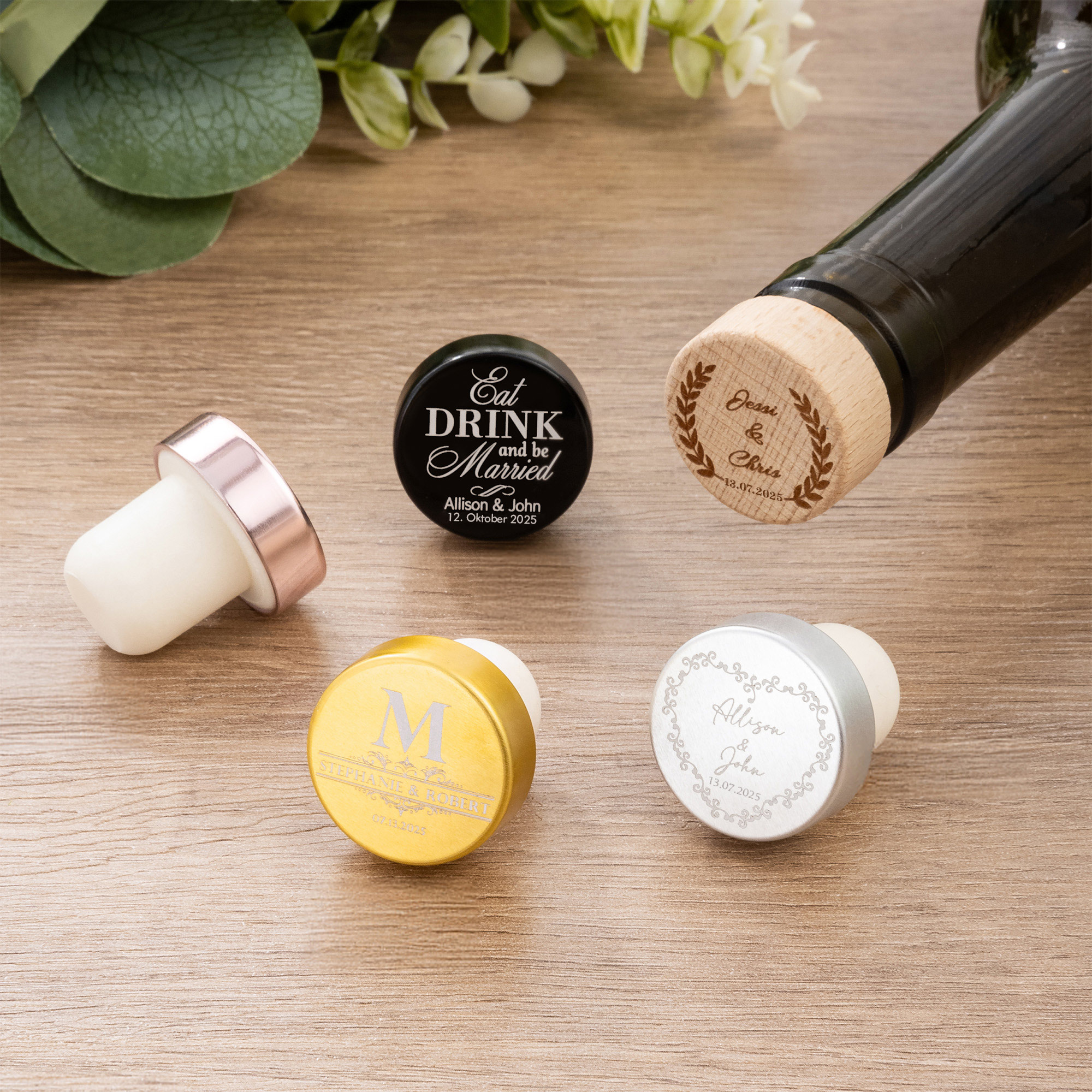 Personalisierter Minimalistischer 10-tlg. Weinverschluss mit Namen und Datum Hochzeit Party Jahrstag Geschenk für Frischvermählte
