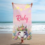 Personalized Fantasy Unicorn Clouds Flower Quick Dry Oversized Beach Towel with Name Summer Vacation Accessories Birthday Gift for Women Girls