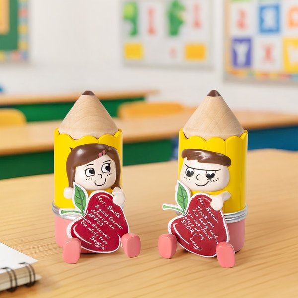 Personalized Cute Pencil Cartoon Holding an Apple Wooden Diffuser with Title Name and Text Desktop Decor Teacher's Day Gift for Teachers Educators
