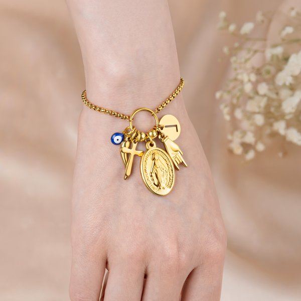 Personalized Italy Horn Mano Cornuto Virgin Mary Pendant Adjustable Bracelet with Initial Birthday Anniversary Gift for Women