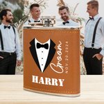 Personalized Cartoon Formal Attire 6 oz PU Leather Cover Hip Flask with Name and Date Wedding Gift for Groomsman Groom