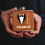 Personalized Cartoon Formal Attire 6 oz PU Leather Cover Hip Flask with Name and Date Wedding Gift for Groomsman Groom