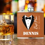 Personalized Cartoon Formal Attire 6 oz PU Leather Cover Hip Flask with Name and Date Wedding Gift for Groomsman Groom