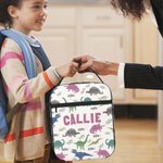 Bolsa de almuerzo aislante personalizada con nombre y bolsillo portátil para el mundo de los dinosaurios Regalo de cumpleaños de vuelta al cole picnic para niños