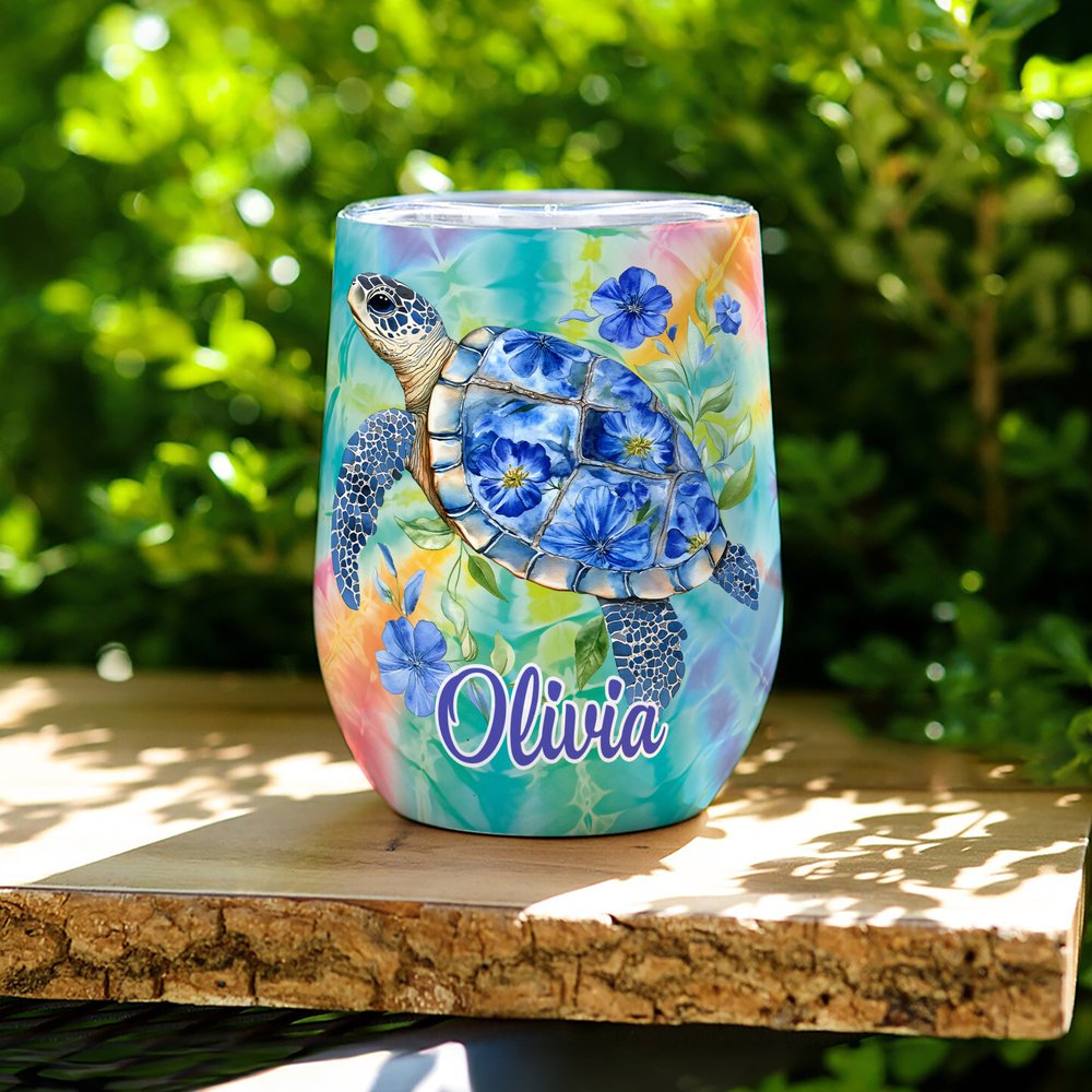 Personalised Floral Sea Turtle Multicolour 12 oz Wine Tumbler with Name and Spill-proof Lid Travel Accessory Birthday Gift for Women Men 5