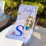 Personalised Cartoon Character Oversized Quick Dry Beach Towel with Name and Initial Summer Essentials Pool Party Birthday Gift for Family Members