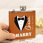 Personalized Cartoon Formal Attire 6 oz PU Leather Cover Hip Flask with Name and Date Wedding Gift for Groomsman Groom