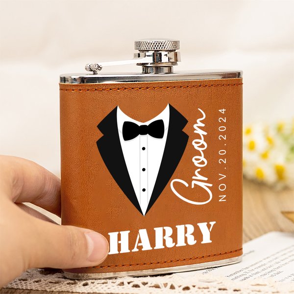 Personalized Cartoon Formal Attire 6 oz PU Leather Cover Hip Flask with Name and Date Wedding Gift for Groomsman Groom