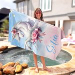 Toalla de playa personalizada con unicornio de fantasía y nombre de secado rápido accesorios para la playa regalo de cumpleaños para mujeres y niñas