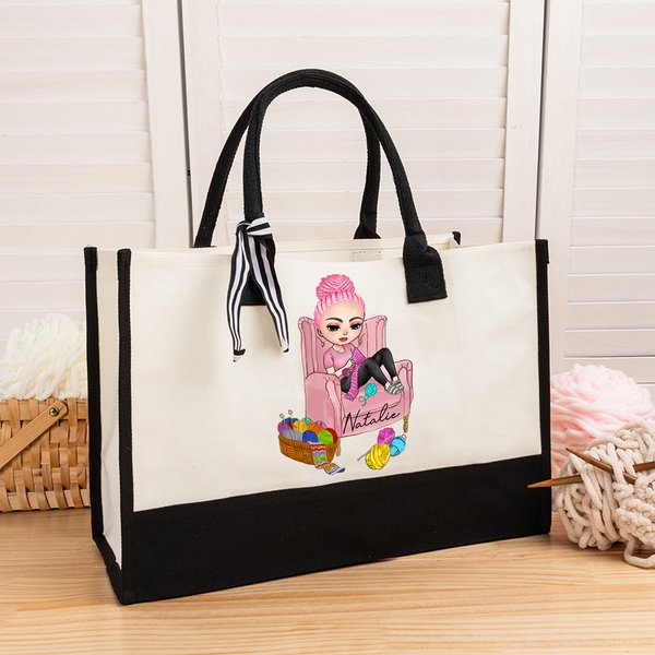 Personalized Cartoon Character Crochet Girl Large Capacity Canvas Bag with Name Yarn Storage Birthday Gift for Knitting Crocheting Enthusiast