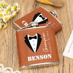 Personalized Cartoon Formal Attire 6 oz PU Leather Cover Hip Flask with Name and Date Wedding Gift for Groomsman Groom