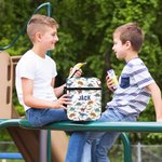 Bolsa de almuerzo aislante personalizada con nombre y bolsillo portátil para el mundo de los dinosaurios Regalo de cumpleaños de vuelta al cole picnic para niños