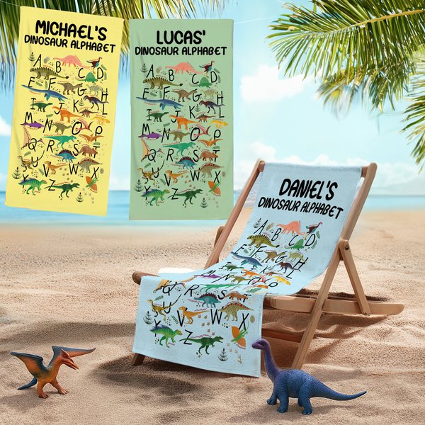 Serviette de plage personnalisée Dinosaur Alphabet Soft Quick Dry Oversized Beach Towel With Name Travel Essential Beach Party Birthday Anniversary Gift For Children