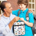 Bolsa de almuerzo aislante personalizada con nombre y bolsillo portátil para el mundo de los dinosaurios Regalo de cumpleaños de vuelta al cole picnic para niños