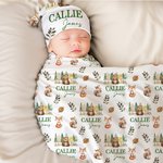 Personalised Cute Butterfly Rabbit Bird Woodland Animals Swaddle Blanket and Knot Hat Set with Name Baby Shower Birthday Gift for Newborns