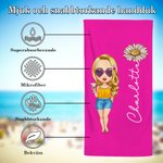 Personlig snabbtorkande strandhandduk med födelseblommor och cartoonfigur perfekt för strandsemester och som vänskapspresent