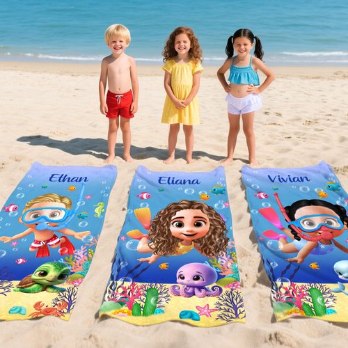 Gepersonaliseerd schattig zeedier sneldrogend zacht extra groot strandlaken met naam zomertijd strandfeest verjaardagscadeau voor jongens en meisjes