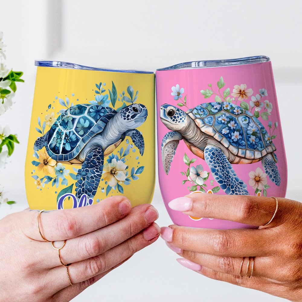Personalised Floral Sea Turtle Multicolour 12 oz Wine Tumbler with Name and Spill-proof Lid Travel Accessory Birthday Gift for Women Men 3