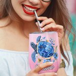 Personalised Floral Sea Turtle Multicolour 12 oz Wine Tumbler with Name and Spill-proof Lid Travel Accessory Birthday Gift for Women Men 6