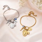 Personalised Italy Horn Mano Cornuto Virgin Mary Pendant Adjustable Bracelet with Initial Birthday Anniversary Gift for Women