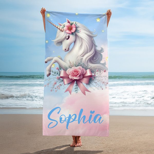 Gepersonaliseerde Fantasie Eenhoorn Zacht Sneldrogend Oversized Strandlaken met Naam Strand Vakantie Verjaardagscadeau voor Vrouwen Meisjes