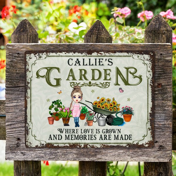 Gepersonaliseerde Cartoon Character Vintage Garden Metal Sign met naam Tuin Decor Housewarming Verjaardagscadeau voor oma mama tuinieren liefhebbers