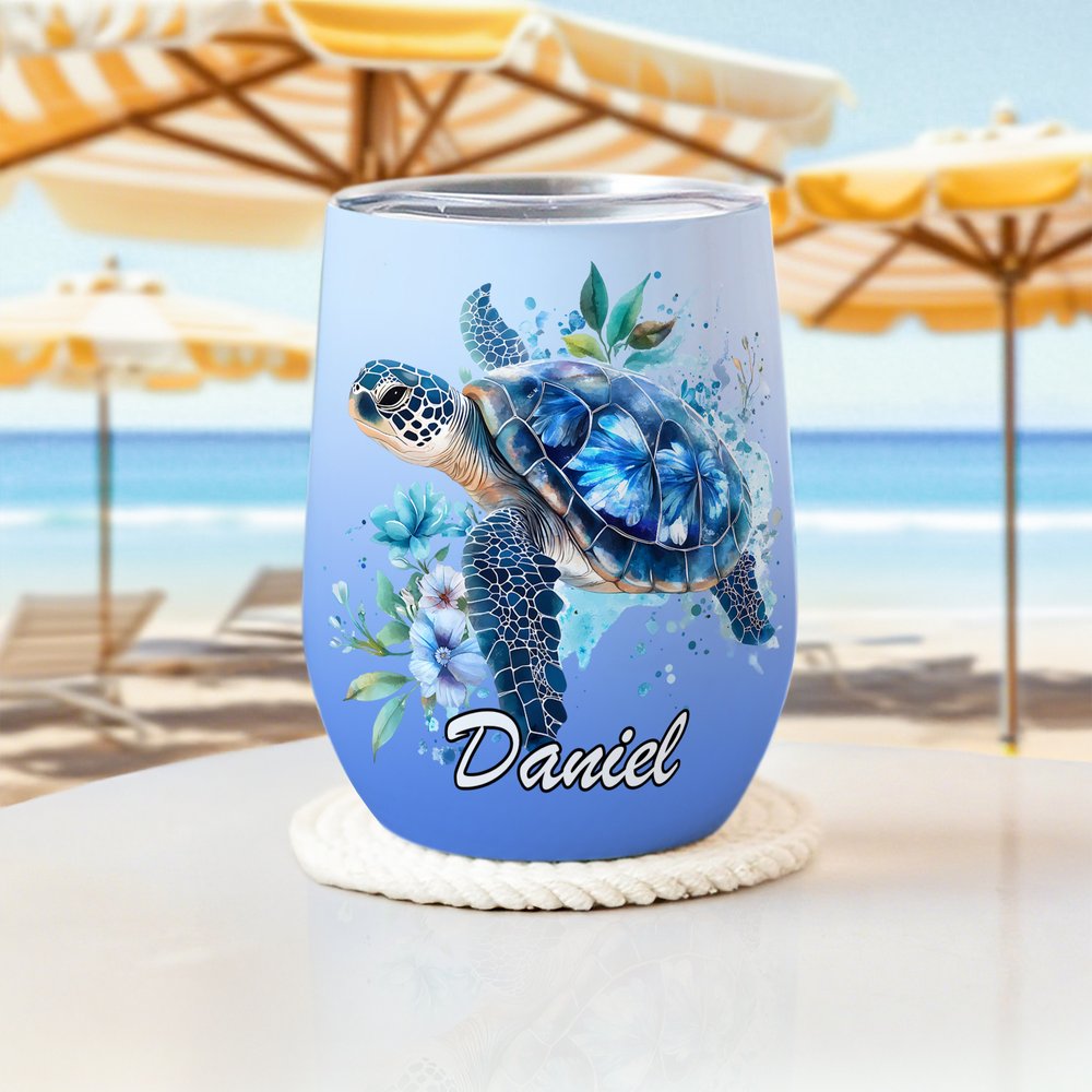 Personalised Floral Sea Turtle Multicolour 12 oz Wine Tumbler with Name and Spill-proof Lid Travel Accessory Birthday Gift for Women Men 2