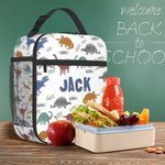 Bolsa de almuerzo aislante personalizada con nombre y bolsillo portátil para el mundo de los dinosaurios Regalo de cumpleaños de vuelta al cole picnic para niños