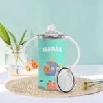 Vaso con pajita personalizado con diseño de animal de buceo colorido 355 ml con nombre y dos tapas regalo de cumpleaños para niños