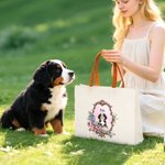 Personalizzato Vintage Ritratto floreale Riutilizzabile Borsa Tote in tela con nome e maniglia in pelle PU Viaggio Essenziale Regalo di compleanno per le donne