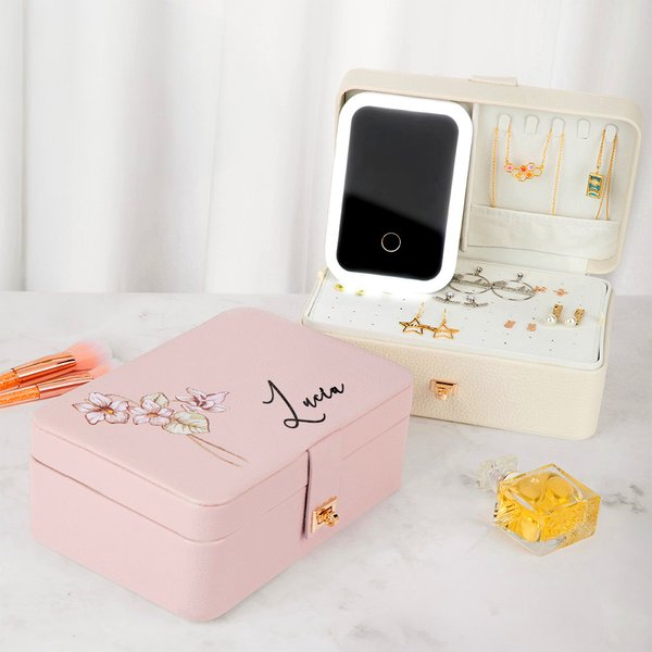 Joyero personalizado con flores de nacimiento vintage incluido nombre y espejo de maquillaje LED regalo de cumpleaños para chicas y mujeres