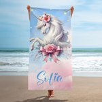 Asciugamano da spiaggia personalizzato a tema unicorno in microfibra morbida ad asciugatura rapida con nome regalo di compleanno per ragazze e donne