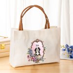 Personalizzato Vintage Ritratto floreale Riutilizzabile Borsa Tote in tela con nome e maniglia in pelle PU Viaggio Essenziale Regalo di compleanno per le donne